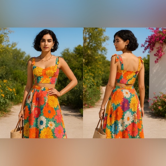 Vibrant Floral Crop Top and Skirt Set - Picture 5 of 5